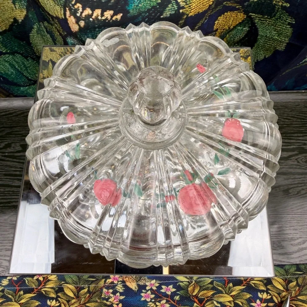 Vintage Hand‎ Painted Pink Rose Ribbed Clear Glass Candy Dish with Lid 5x6